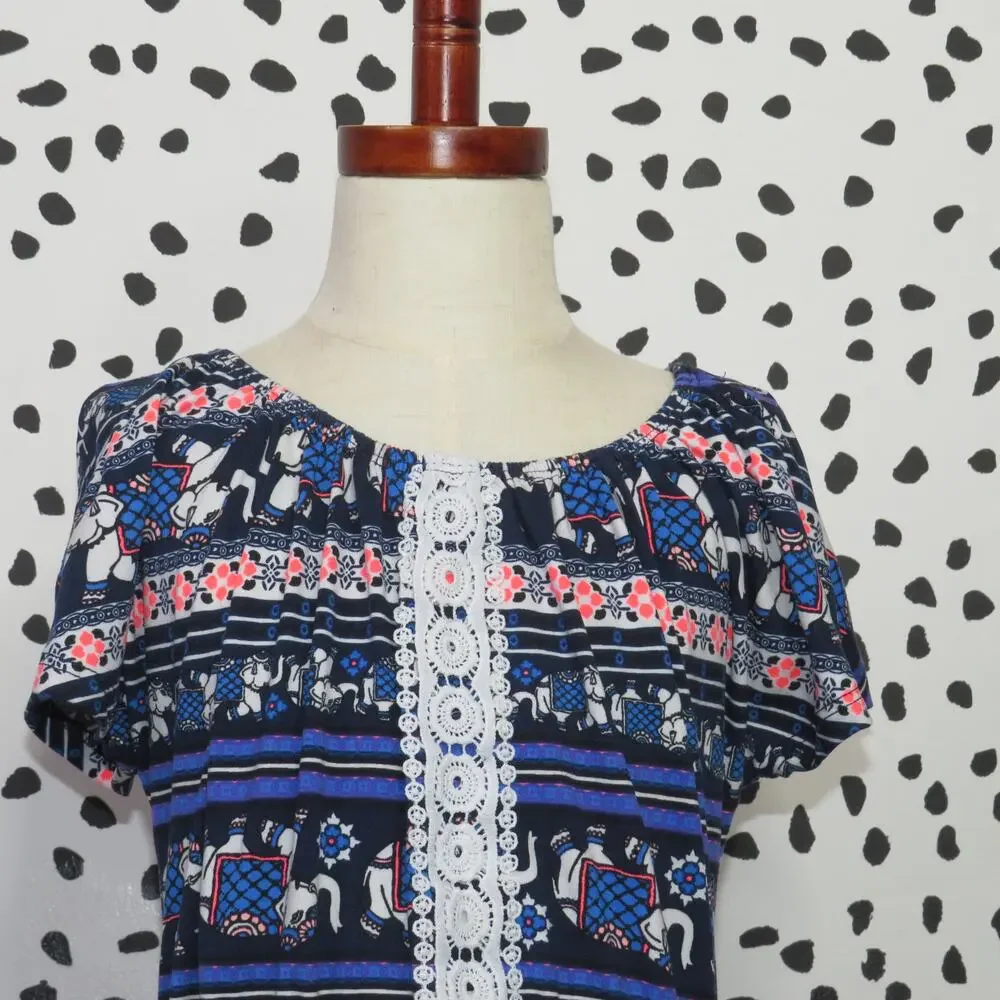 Heart + Arrow Blue Elephant Print Crochet Trim Girls Romper - Picture 2 of 6